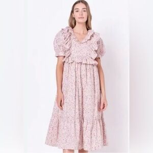 English Factory Pink Puff Sleeve Midi Dress